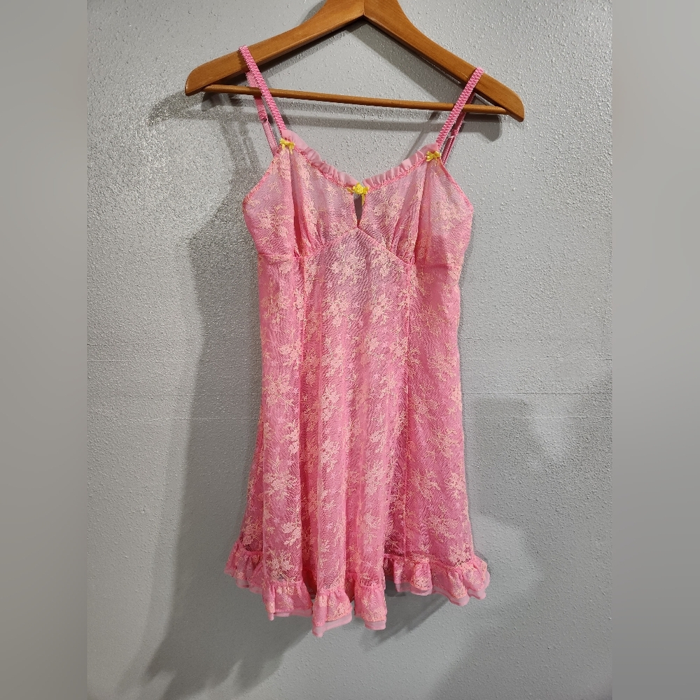 Betsey Johnson Pink Lace Floral Chemise Babydoll Sheer Slip Dress M